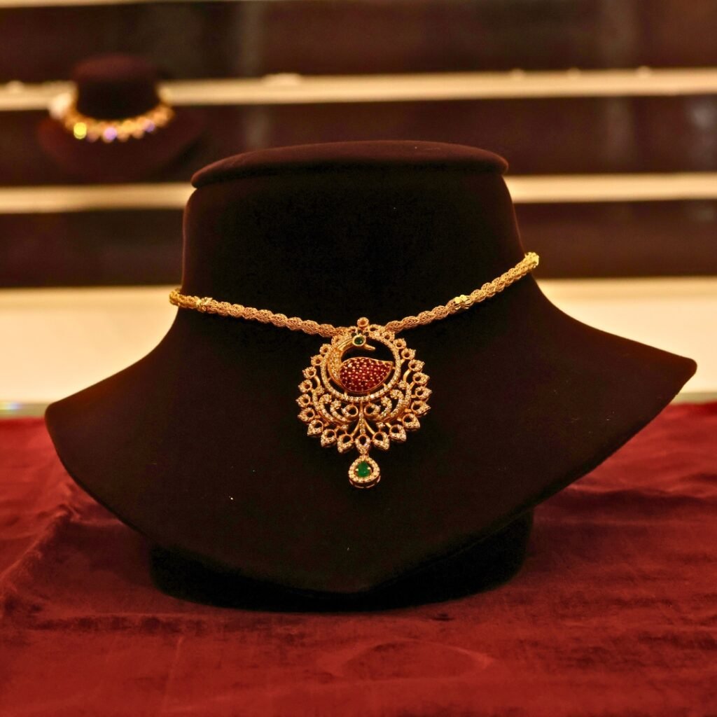 22KT Gold Peacock Chain Necklace with Stone Casting Work (HUID Hallmarked) – Elegant Traditional Collection (20.08g)