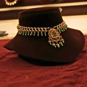 22KT Gold Antique Necklace with Green Beads & Pearl Work (HUID Hallmarked) – Elegant Traditional Collection (12.85g Gold)