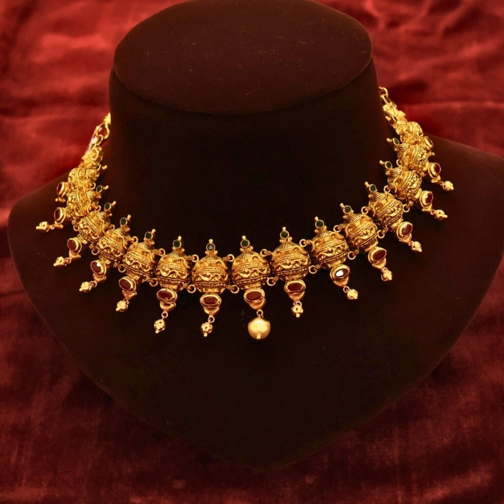 22KT Gold Antique Multi-Stone Necklace (HUID Hallmarked) – Elegant Traditional Collection (33.40g)