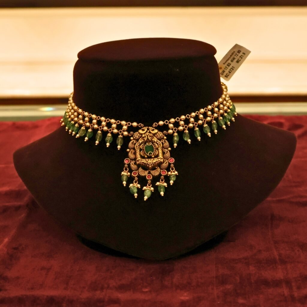 22KT Gold Antique Necklace with Green Beads & Pearl Work (HUID Hallmarked) – Elegant Traditional Collection (12.85g Gold)