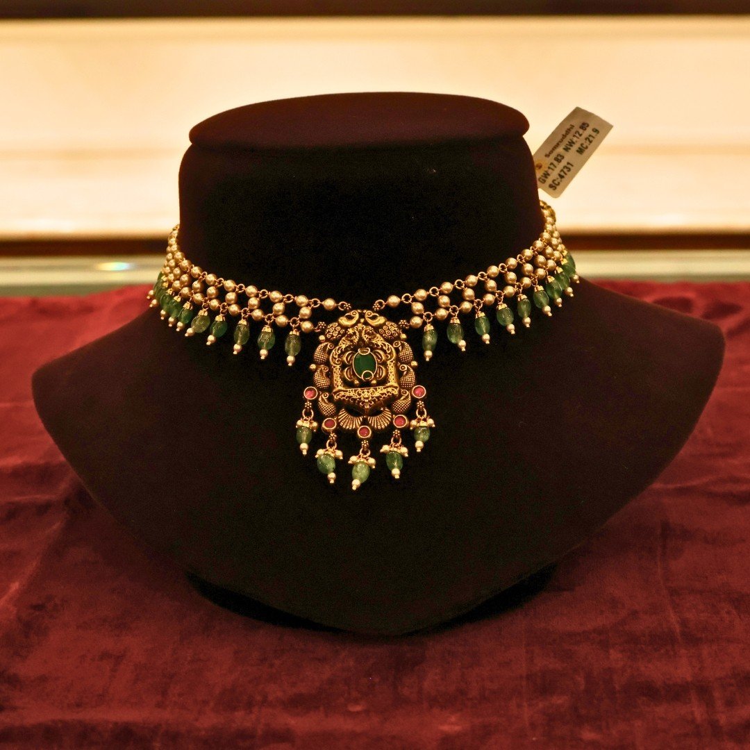 22KT Gold Antique Necklace with Green Beads & Pearl Work (HUID Hallmarked) – Elegant Traditional Collection (12.85g Gold)